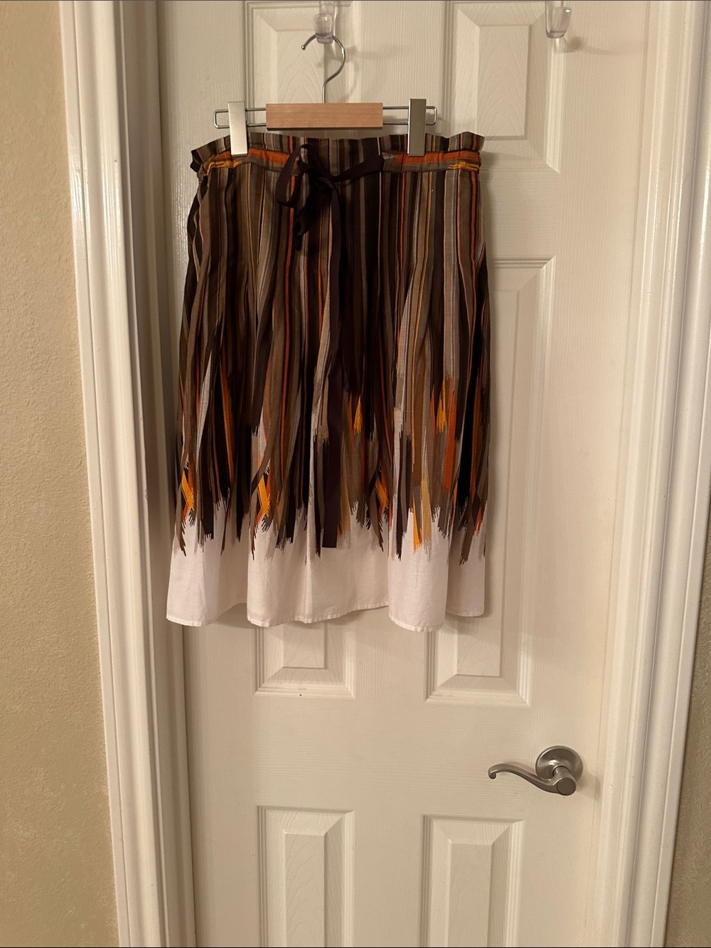 BCBGMaxAzria Brown and White Fringe Midi Skirt with Orange Accents